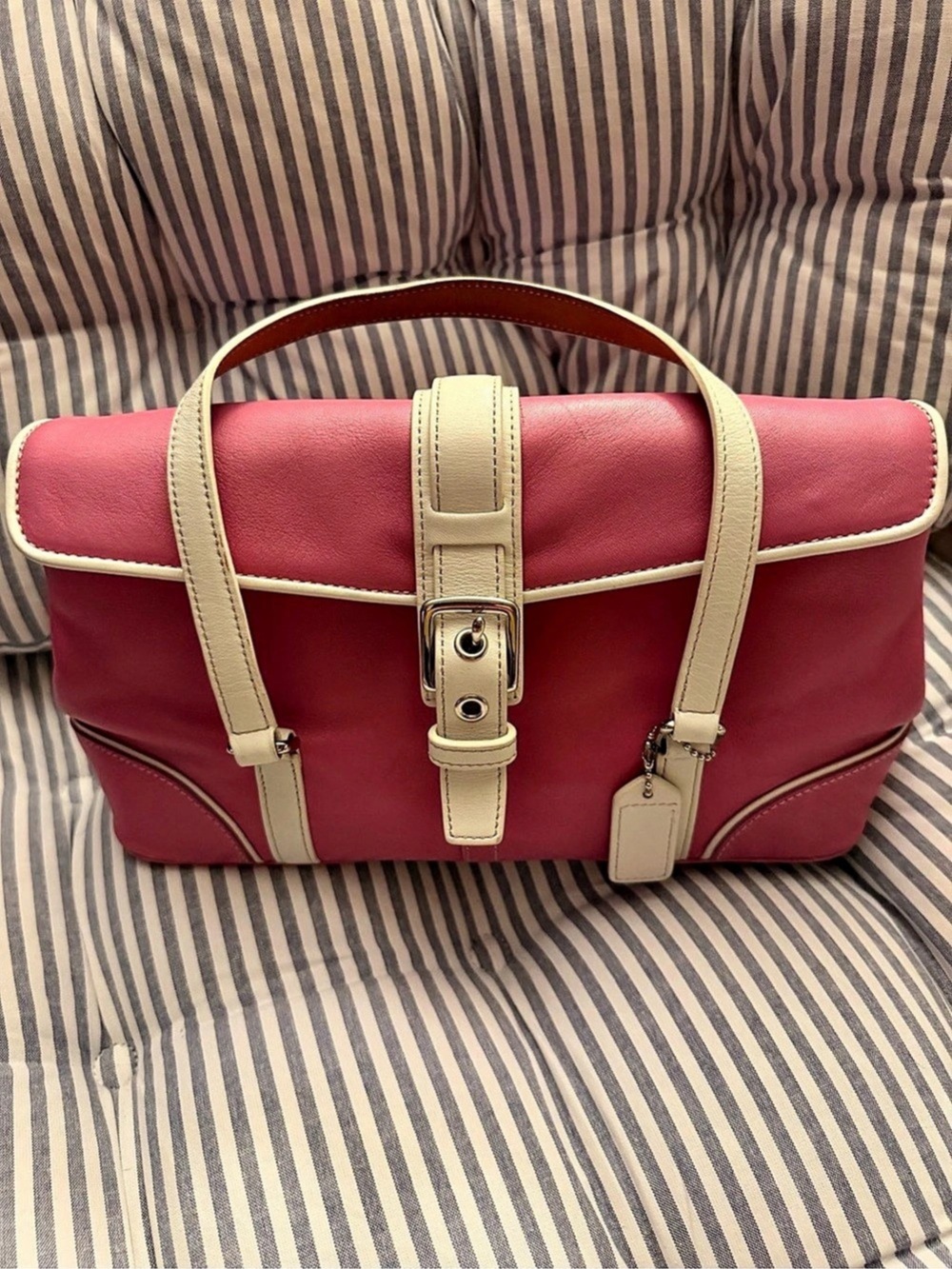 Coach Vintage 9267 Hamptons Satchel Bag Smooth Pink & White Leather with Buckle